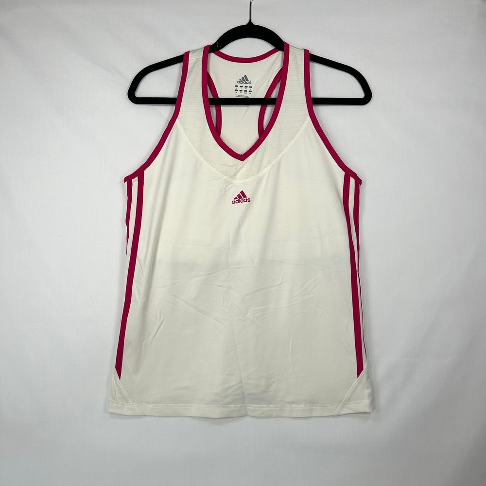 Vintage Adidas White & Pink 3-Stripe Racerback Athletic Tank Top – Size L